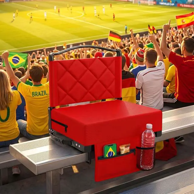 Alt view image 2 of 7 - Stadium Seats with Back Support and Cushion Thick Padded Bleacher Chairs with Shoulder Strap, Portable Folding Stadium Seat Chairs for Bleacher Includes Cup Holder and Side Pocket, Red