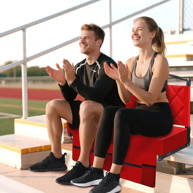 Alt view image 3 of 7 - Stadium Seats with Back Support and Cushion Thick Padded Bleacher Chairs with Shoulder Strap, Portable Folding Stadium Seat Chairs for Bleacher Includes Cup Holder and Side Pocket, Red