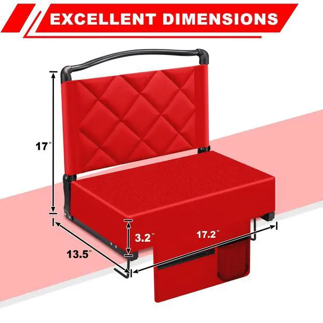 Alt view image 4 of 7 - Stadium Seats with Back Support and Cushion Thick Padded Bleacher Chairs with Shoulder Strap, Portable Folding Stadium Seat Chairs for Bleacher Includes Cup Holder and Side Pocket, Red