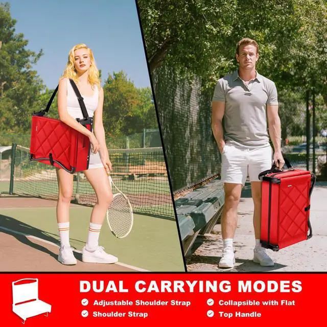 Alt view image 6 of 7 - Stadium Seats with Back Support and Cushion Thick Padded Bleacher Chairs with Shoulder Strap, Portable Folding Stadium Seat Chairs for Bleacher Includes Cup Holder and Side Pocket, Red