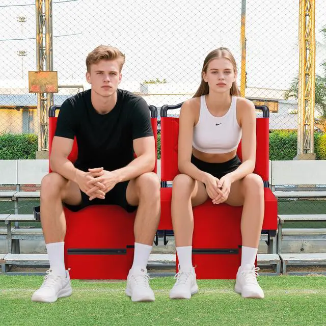 Alt view image 7 of 7 - Stadium Seats with Back Support and Cushion Thick Padded Bleacher Chairs with Shoulder Strap, Portable Folding Stadium Seat Chairs for Bleacher Includes Cup Holder and Side Pocket, Red