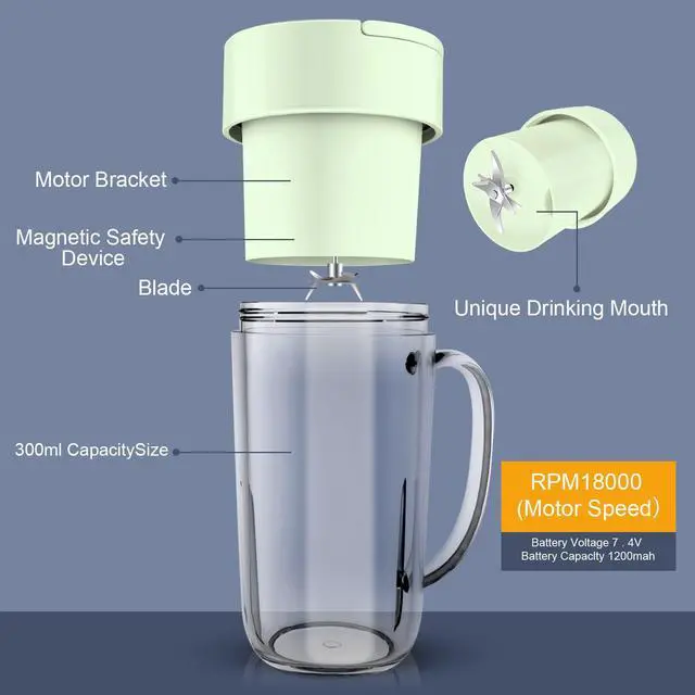 Alt view image 3 of 7 - Portable Blender, 10 oz Mini Personal Blender for Smoothies, Fruits, and Veggies with Rechargeable USB, Easy to Clean suitable for Traveling or Camping(Green)