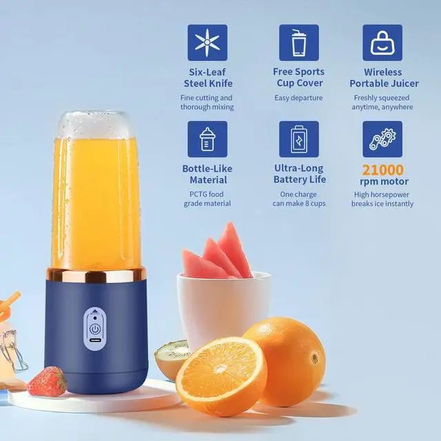 Alt view image 2 of 7 - Portable Auto Juice Cup - 400ML Capacity, Gem Blue, USB Charging, High-Speed Blender for Smoothies, Milkshakes, & More