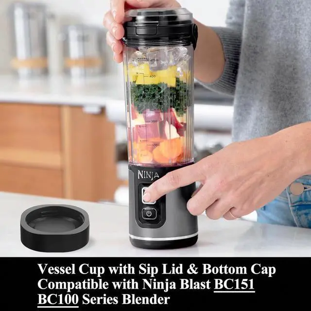 Alt view image 6 of 7 - 3 Pieces Blender Replacement Parts for Ninja Blast BC151 BC100 CL155 Series, 18oz Blending Vessel Cup with Sip Lid & Bottom Cap Compatible with Ninja Blast Portable Personal Blender