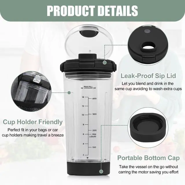 Alt view image 5 of 7 - 18 oz Vessel Replacement Compatible with Ninja Blast Portable Blender, Replacement 18oz Cup with Sip Lid & Bottom Cap for Ninja Portable Blenders BC151BK BC151NV BC151WH BC151CR BC151EM,PC,Black