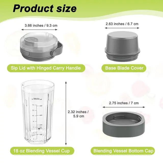 Alt view image 2 of 7 - 18 oz Vessel Cup Compatible with Ninja Blast Portable Blender, Accessories Sip Lid with Carry Handle, Bottom Cap and Blade Cover Fits for BC150/ BC100 Series Blender (Gray)