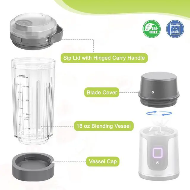 Alt view image 4 of 7 - 18 oz Vessel Cup Compatible with Ninja Blast Portable Blender, Accessories Sip Lid with Carry Handle, Bottom Cap and Blade Cover Fits for BC150/ BC100 Series Blender (Gray)
