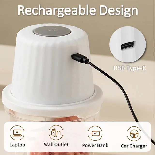 Alt view image 2 of 7 - Mini Food Chopper Cordless, 400ml Small Food Processor 1.6Cup, Battery USB-C Rechargeable Electric Garlic Chopper Wireless, Portable Meat Grinder Mincer Veggie Blender Kitchen Mixer w/ 6 Blades, White