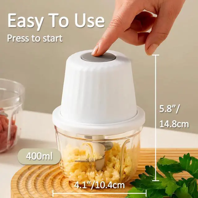 Alt view image 3 of 7 - Mini Food Chopper Cordless, 400ml Small Food Processor 1.6Cup, Battery USB-C Rechargeable Electric Garlic Chopper Wireless, Portable Meat Grinder Mincer Veggie Blender Kitchen Mixer w/ 6 Blades, White