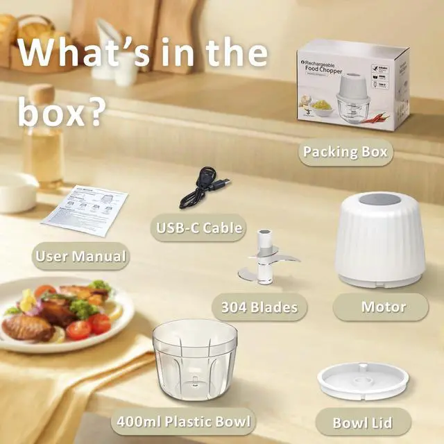 Alt view image 7 of 7 - Mini Food Chopper Cordless, 400ml Small Food Processor 1.6Cup, Battery USB-C Rechargeable Electric Garlic Chopper Wireless, Portable Meat Grinder Mincer Veggie Blender Kitchen Mixer w/ 6 Blades, White