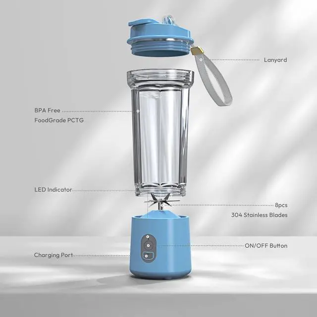 Alt view image 2 of 7 - Portable Blender for Smoothies and Shakes, Shakes & Ice Crushing, 16.9 oz, 40 Seconds Auto Shutoff, 3 Seconds No-Load Protection, One-Button-Operation Smoothie Maker(Blue)