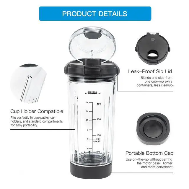Alt view image 5 of 7 - Replacement 18 oz Blending Vessel Compatible with Ninja Blast Portable Blender, 18oz Cup with Sip Lid & Bottom Cap for Ninja BC100 BC151 Series (Black)