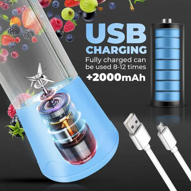 Alt view image 2 of 7 - Portable Blender - Compact and USB Rechargeable Personal Travel Blenders for Smoothies, Shakes and Ice - Mini Fruit Juice Mixing Shaker Bottle - 380ml, Blue