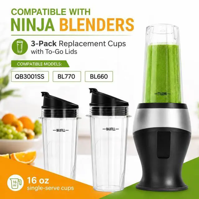 Alt view image 3 of 7 - Blender 16oz Cups Replacement for Ninja - 3 Pack Ninja Blender Cups with Lids, Compatible with Ninja QB3001SS, BL770, BL780, BL660, BL740, BL810, Nutri Ninja Series Blenders