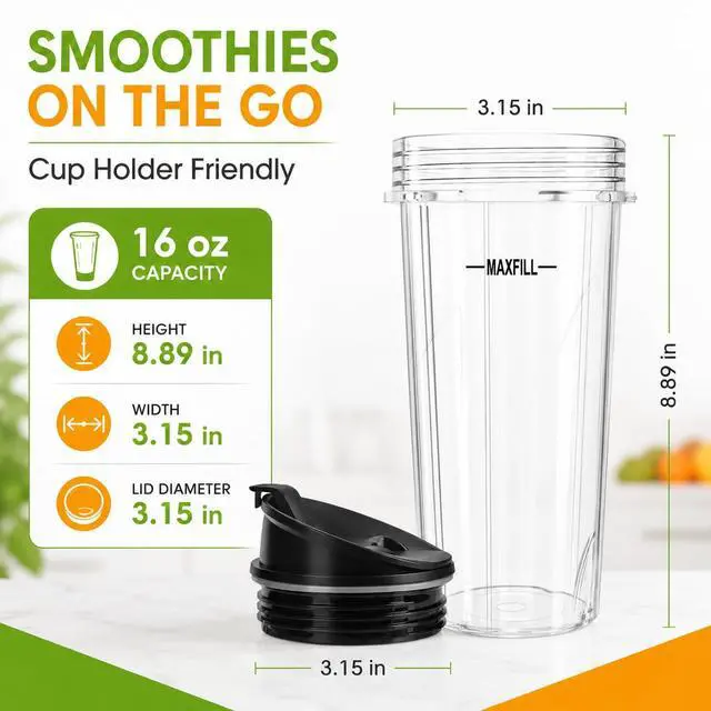 Alt view image 5 of 7 - Blender 16oz Cups Replacement for Ninja - 3 Pack Ninja Blender Cups with Lids, Compatible with Ninja QB3001SS, BL770, BL780, BL660, BL740, BL810, Nutri Ninja Series Blenders
