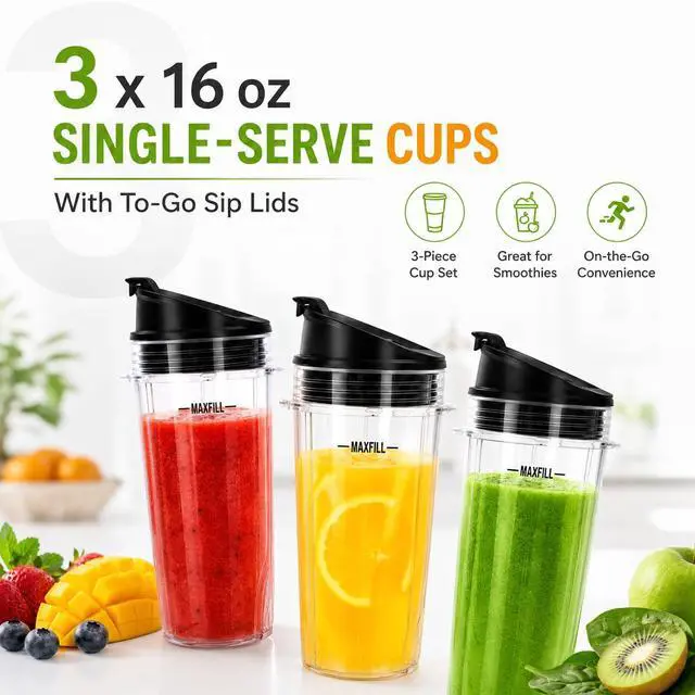 Alt view image 4 of 7 - Blender 16oz Cups Replacement for Ninja - 3 Pack Ninja Blender Cups with Lids, Compatible with Ninja QB3001SS, BL770, BL780, BL660, BL740, BL810, Nutri Ninja Series Blenders