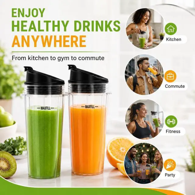 Alt view image 6 of 7 - Blender 16oz Cups Replacement for Ninja - 3 Pack Ninja Blender Cups with Lids, Compatible with Ninja QB3001SS, BL770, BL780, BL660, BL740, BL810, Nutri Ninja Series Blenders