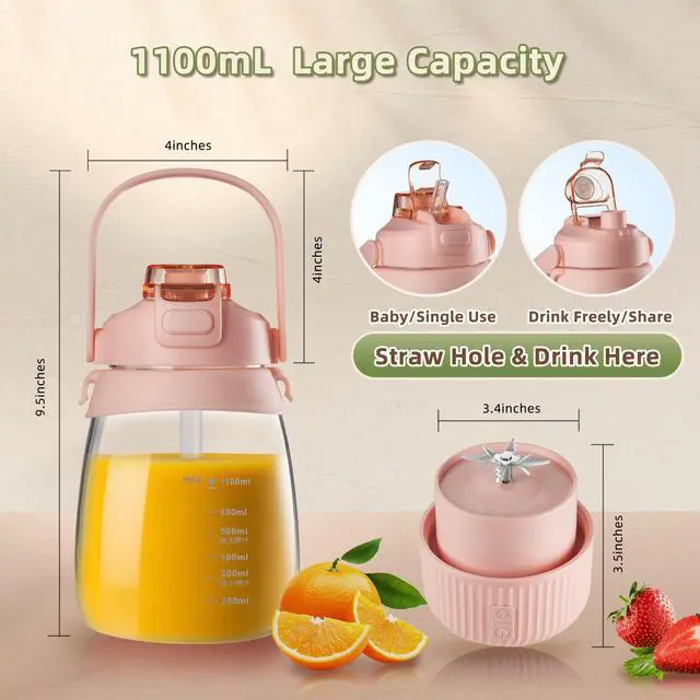Alt view image 2 of 6 - Portable Juicer 1100ml with 10-Blade Turbo Juicing, USB-C Fast Charging, 12+ Cups per Charge, Juice Glass with Sip Lid & Carrying Strap for Travel & Office & Gym. Not for Ice Crushing. (Prink)