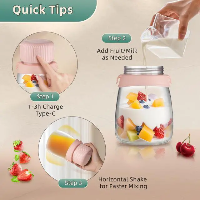 Alt view image 6 of 6 - Portable Juicer 1100ml with 10-Blade Turbo Juicing, USB-C Fast Charging, 12+ Cups per Charge, Juice Glass with Sip Lid & Carrying Strap for Travel & Office & Gym. Not for Ice Crushing. (Prink)