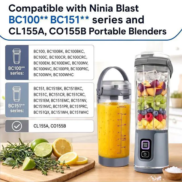 Alt view image 2 of 7 - 18oz Blender Cup Replacement Compatible with Ninja Blast Portable Blender BC100/BC151 Series, 3PCS Blending Vessel Cup with Vessel Cap & Sip Lid Carry Handle, Grey