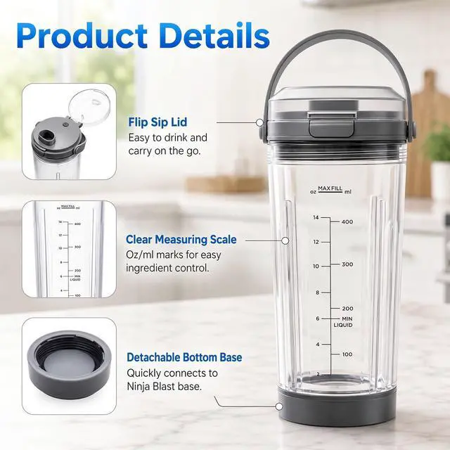 Alt view image 3 of 7 - 18oz Blender Cup Replacement Compatible with Ninja Blast Portable Blender BC100/BC151 Series, 3PCS Blending Vessel Cup with Vessel Cap & Sip Lid Carry Handle, Grey