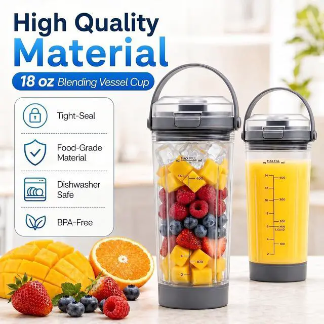 Alt view image 4 of 7 - 18oz Blender Cup Replacement Compatible with Ninja Blast Portable Blender BC100/BC151 Series, 3PCS Blending Vessel Cup with Vessel Cap & Sip Lid Carry Handle, Grey