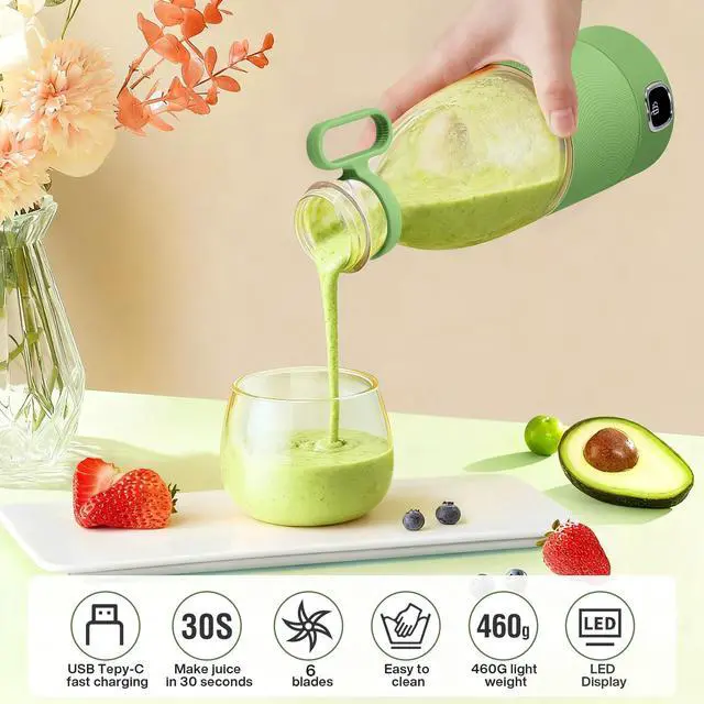Alt view image 4 of 7 - Portable Blender, 6 Blades Juicer Cup for Juice Shakes and Smoothies 350ml Mini Blender with Led Display Usb Rechargeable,3000Mah Rechargeable Battery, for Home Outdoors Travel-Avocado Green