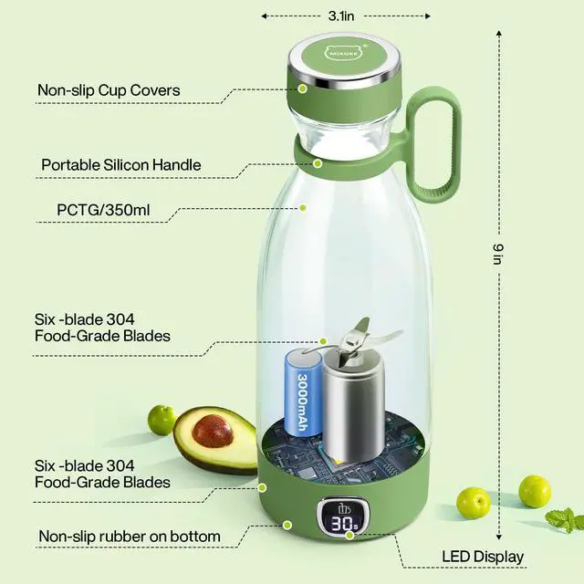 Alt view image 5 of 7 - Portable Blender, 6 Blades Juicer Cup for Juice Shakes and Smoothies 350ml Mini Blender with Led Display Usb Rechargeable,3000Mah Rechargeable Battery, for Home Outdoors Travel-Avocado Green