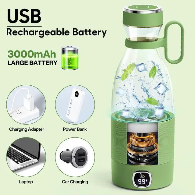 Alt view image 6 of 7 - Portable Blender, 6 Blades Juicer Cup for Juice Shakes and Smoothies 350ml Mini Blender with Led Display Usb Rechargeable,3000Mah Rechargeable Battery, for Home Outdoors Travel-Avocado Green