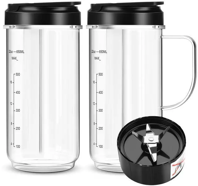 Main image of 2 Pack Magic Bullet Blender Cups, Tall 22oz Cup with Flip Top To-Go Lid & 4 Fins Cross Blade Blender Replacement Parts, Replacement Cup Mug with Handle Compatible with Magic Bullet 250w MB1001