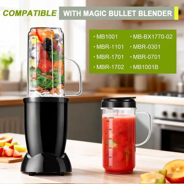 Alt view image 2 of 7 - 2 Pack Magic Bullet Blender Cups, Tall 22oz Cup with Flip Top To-Go Lid & 4 Fins Cross Blade Blender Replacement Parts, Replacement Cup Mug with Handle Compatible with Magic Bullet 250w MB1001