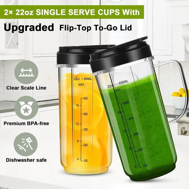 Alt view image 4 of 7 - 2 Pack Magic Bullet Blender Cups, Tall 22oz Cup with Flip Top To-Go Lid & 4 Fins Cross Blade Blender Replacement Parts, Replacement Cup Mug with Handle Compatible with Magic Bullet 250w MB1001