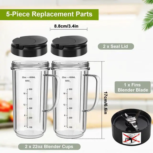 Alt view image 3 of 7 - 2 Pack Magic Bullet Blender Cups, Tall 22oz Cup with Flip Top To-Go Lid & 4 Fins Cross Blade Blender Replacement Parts, Replacement Cup Mug with Handle Compatible with Magic Bullet 250w MB1001