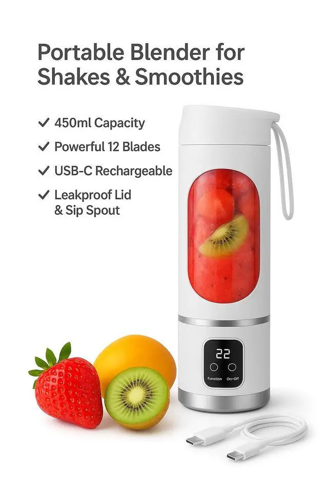 Alt view image 3 of 7 - Portable Blender for Shakes and Smoothies 12 Blades, 450ml Travel Cup, USB-C Rechargeable Mini Juicer, Ice Crush Power, Personal Smoothie Blender for Protein Shakes, Gym, Office & Travel