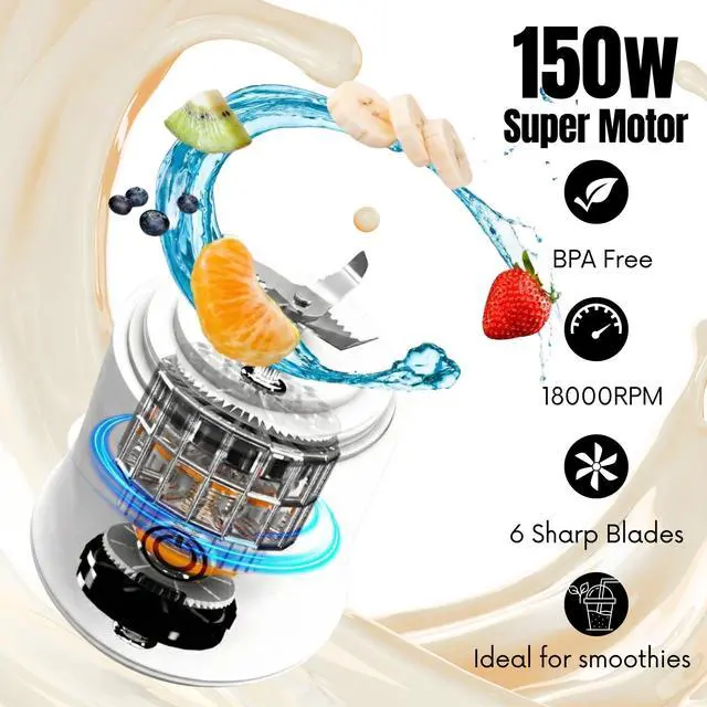 Alt view image 4 of 7 - SSKAWorldwide Portable Blender 21oz Rechargeable and Wireless Mini Personal Blender for Shakes and Smoothies, 4000mAh Battery & 6 Blades for Protein Shakes, Fruit Juicer, Gym & Travel (White)