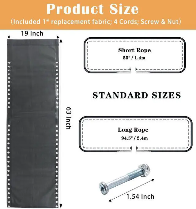 Alt view image 2 of 6 - 17" 19" 21" Wide Zero Gravity Chair Replacement Fabric, Repair Cloth with 4 Gravity Chair Replacement Cord Screws Kit, Zero Gravity Chair Accessories for Sling Patio Lawn Lounge Chair, Black
