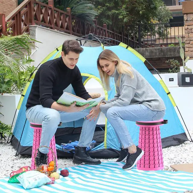 Alt view image 2 of 7 - Upgraded Collapsible Stool with Cushion & Bag, 18" H Portable Retractable Telescoping Folding Stool for Adults, Lightweight But Sturdy Capacity 600 lbs for Camping Fishing Hiking Travel