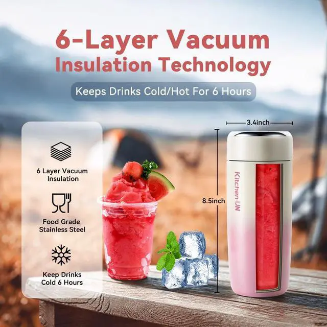Alt view image 2 of 6 - Portable Stainless Steel Blender Cup with 6H Insulated 16oz Design, USB-C Rechargeable Personal Fruit Mixer, Crushes Small Ice Cubes for Fresh Drinks, Travel/Office/Gym Pink