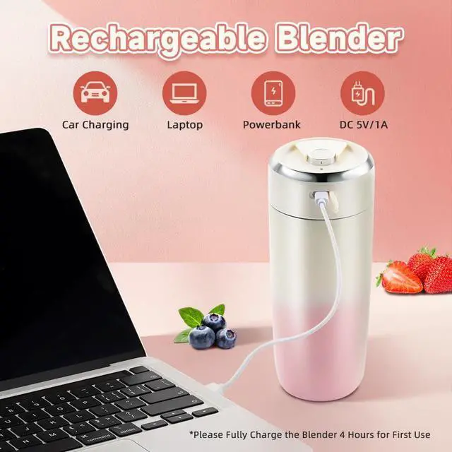 Alt view image 4 of 6 - Portable Stainless Steel Blender Cup with 6H Insulated 16oz Design, USB-C Rechargeable Personal Fruit Mixer, Crushes Small Ice Cubes for Fresh Drinks, Travel/Office/Gym Pink
