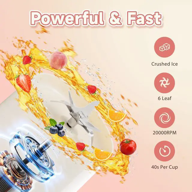 Alt view image 3 of 6 - Portable Stainless Steel Blender Cup with 6H Insulated 16oz Design, USB-C Rechargeable Personal Fruit Mixer, Crushes Small Ice Cubes for Fresh Drinks, Travel/Office/Gym Pink