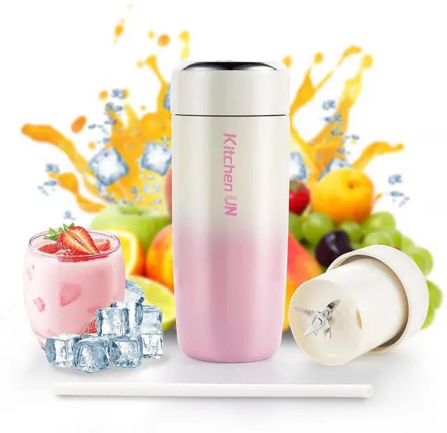 Main image of Portable Stainless Steel Blender Cup with 6H Insulated 16oz Design, USB-C Rechargeable Personal Fruit Mixer, Crushes Small Ice Cubes for Fresh Drinks, Travel/Office/Gym Pink