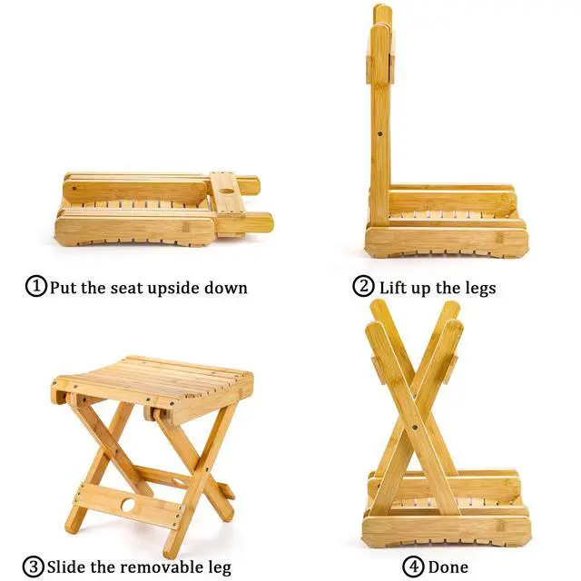 Alt view image 3 of 7 - Bamboo Folding Step Stool - 12 Inch Height Bamboo Shower Bench Stool Spa Bath Seat Chairs for Shower, Leg Shaving and Foot Rest, Portable Small Stool Little Chair