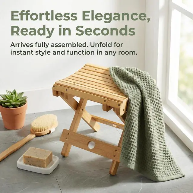 Alt view image 4 of 7 - Bamboo Folding Step Stool - 12 Inch Height Bamboo Shower Bench Stool Spa Bath Seat Chairs for Shower, Leg Shaving and Foot Rest, Portable Small Stool Little Chair