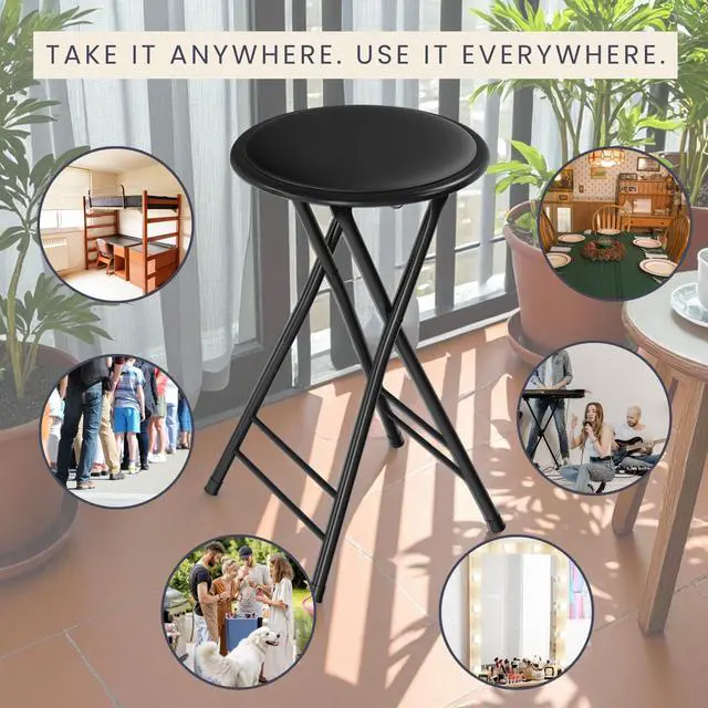 Alt view image 7 of 7 - Backless Folding Stool with 225lb Capacity for Kitchen or Rec Room - Portable Indoor Counter Bar Stools (24-Inch, Black)