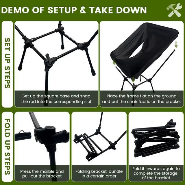 Alt view image 2 of 4 - Portable Compact Folding Camping Chairs Lightweight High Back with Pillow, Deep Recline, ArmPads, Side Pockets-for Motorcycle, RV, Backpacking, Travel, Festival Black