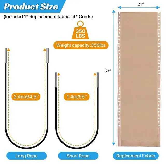 Alt view image 2 of 7 - Zero Gravity Chair Replacement Fabric Kit, 21" W x 63" L Repair Cloth with Replacement Bungee Cord for Anti Gravity Folding Lounge Recliner Lawn Beach Sling Chairs, Tan