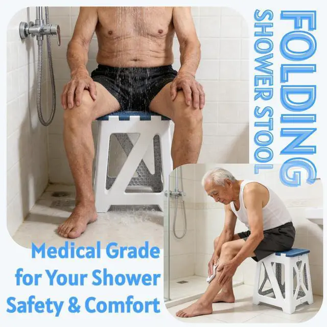 Alt view image 3 of 7 - Folding Shower Stool - Foldable & Anti-Slip Shower Chair for Inside Shower - 330lbs Safety Waterproof Plastic Fold Up Shower Seat - Portable Travel Compact Bath Bench for Elderly, Handicap & Disabled