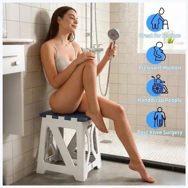 Alt view image 7 of 7 - Folding Shower Stool - Foldable & Anti-Slip Shower Chair for Inside Shower - 330lbs Safety Waterproof Plastic Fold Up Shower Seat - Portable Travel Compact Bath Bench for Elderly, Handicap & Disabled