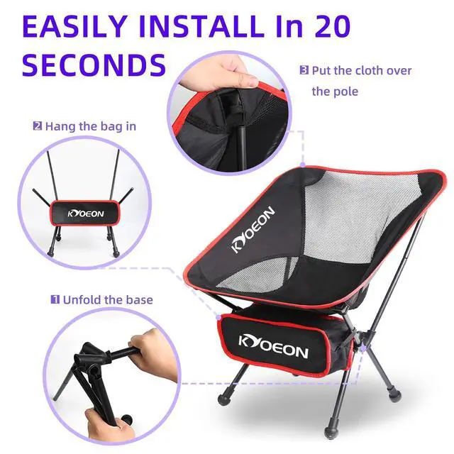 Alt view image 4 of 7 - Portable Camping Chair, Black 1Pack, Ultralight Durable Foldable Chair for Outdoor Camp, Travel, Beach, Picnic, Garden, Sport Sturdy Frame, Comfortable Collapsible Lawn Chair, Supports 330Lbs