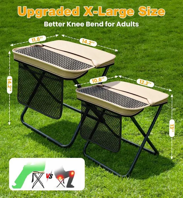 Alt view image 2 of 7 - 2 Pack XL Portable Chairs for Adults, 14.2" W x 14.2" H Seat & Knee-Friendly Folding Stool, Foldable Backpack Stool, Heavy Duty Collapsible Camping Seat for Fishing Travel - Green